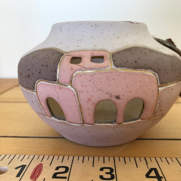 Adobe Desert Art Pottery Vase Tea Light Bowl with Cutouts Feather Concho Mexico - Picture 7 of 8